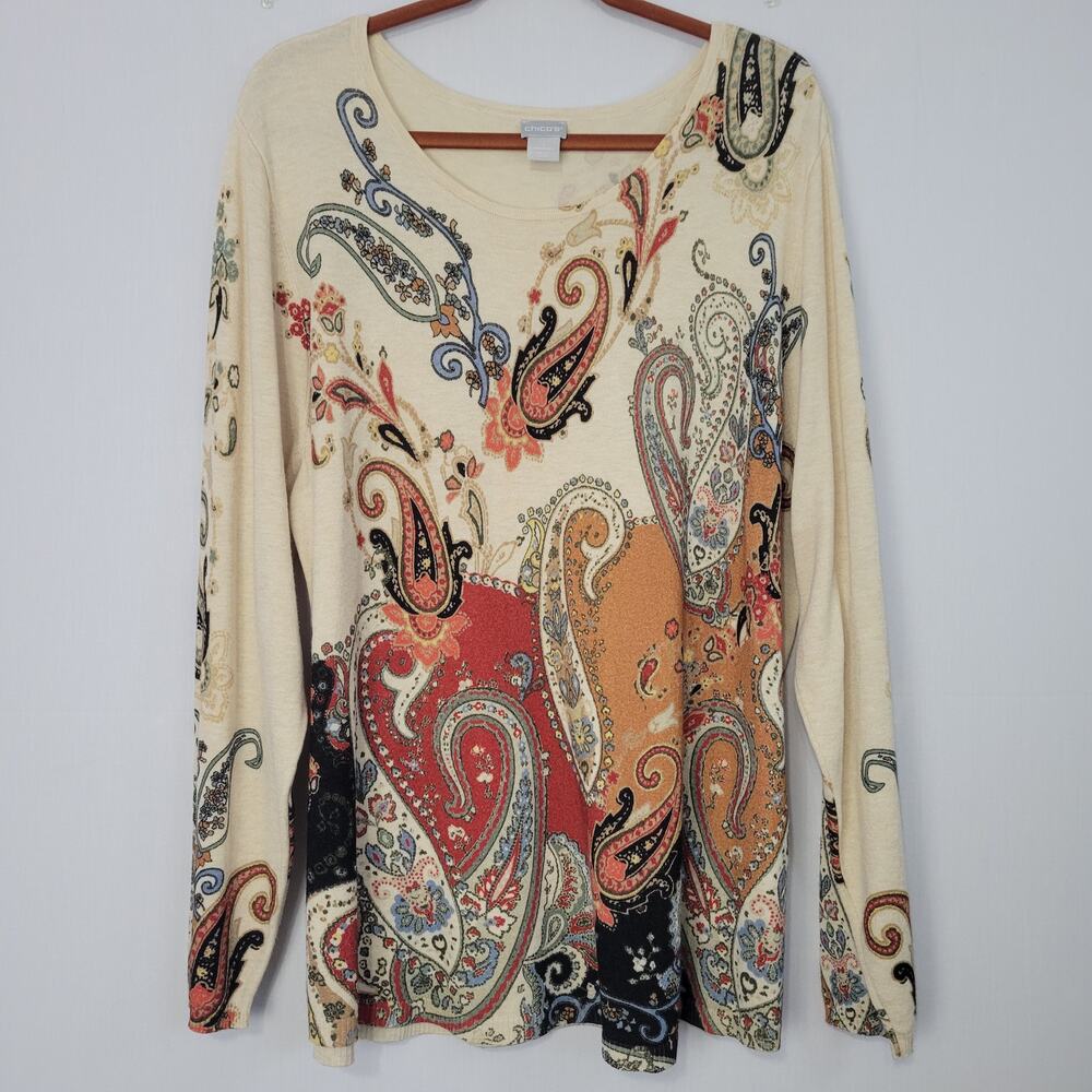 Chico's 4 Paisley Long Sleeve Sweater Top women's size XXL Comfort Casual Office
